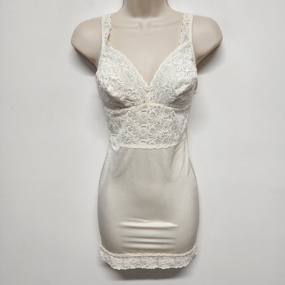 Vtg Bodycon Shaper Dress Womens XL Ivory Lace V-neck Exclusively Yours Subtract